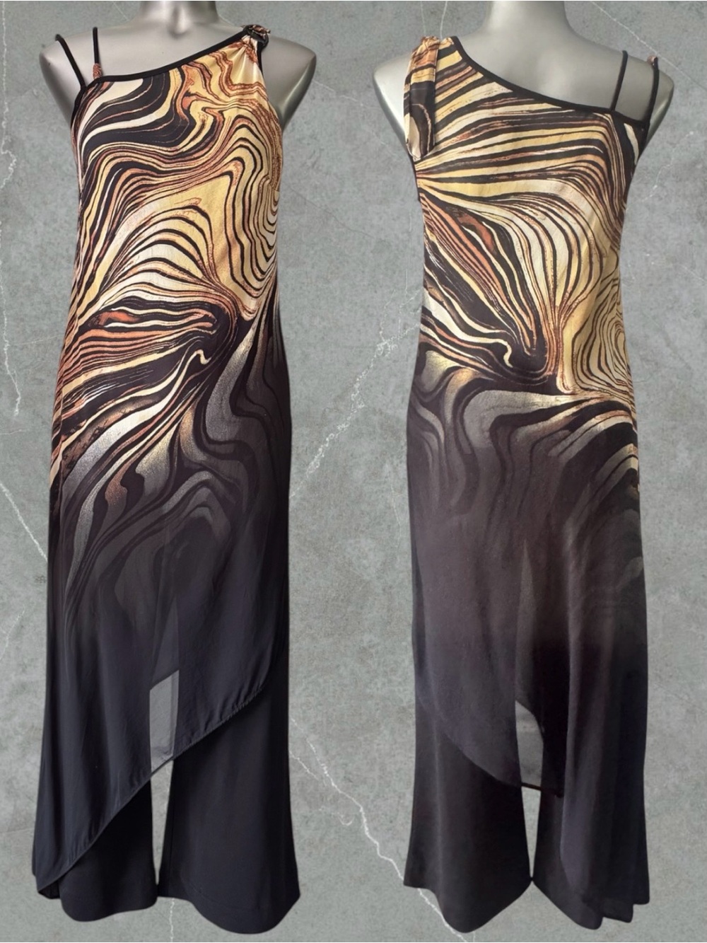 Frank Lyman Design One-Shoulder Swirl Print Jumpsuit in Gold and Black - Picture 5 of 15